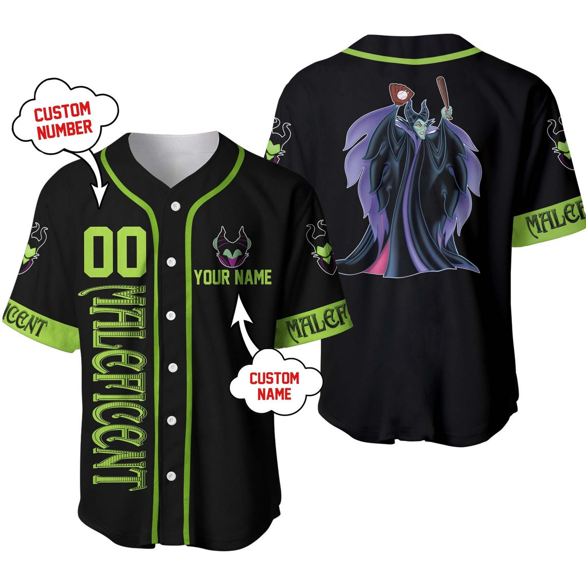 Villain Maleficent Green Black Disney Unisex Cartoon Custom Baseball Jersey Personalized Shirt Men Women