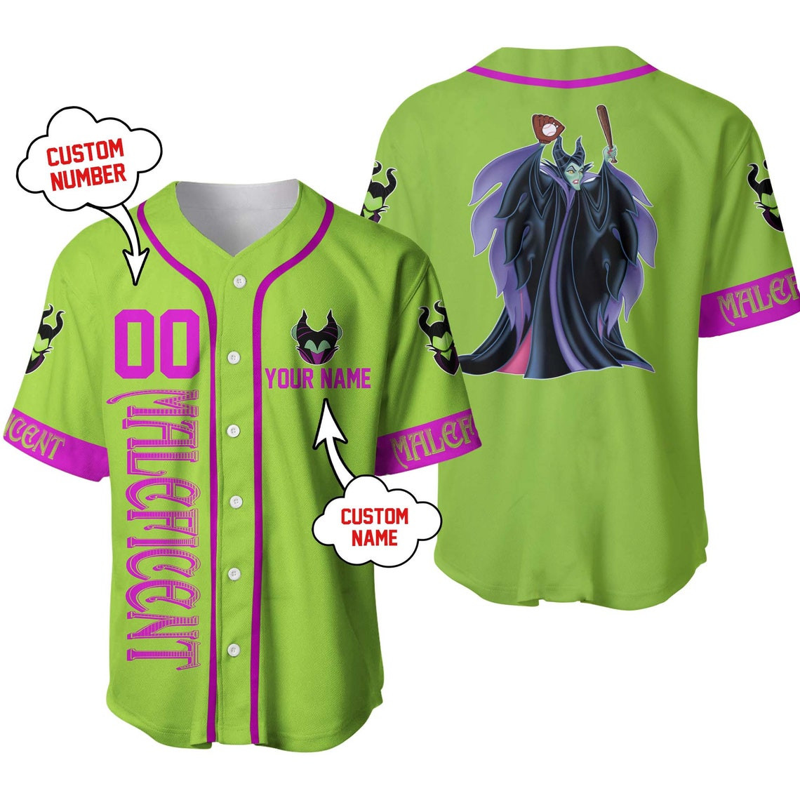 Villain Maleficent Green Purple Pink Disney Unisex Cartoon Custom Baseball Jersey Personalized Shirt Men Women