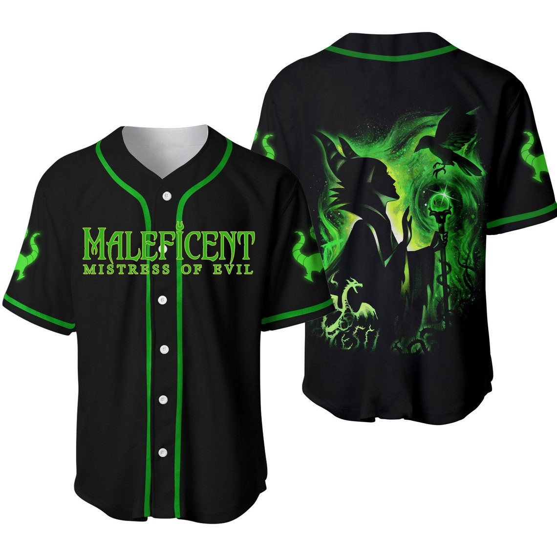 Villian Maleficent Green Black Neon Disney Unisex Cartoon Custom Baseball Jersey Personalized Shirt Men Women