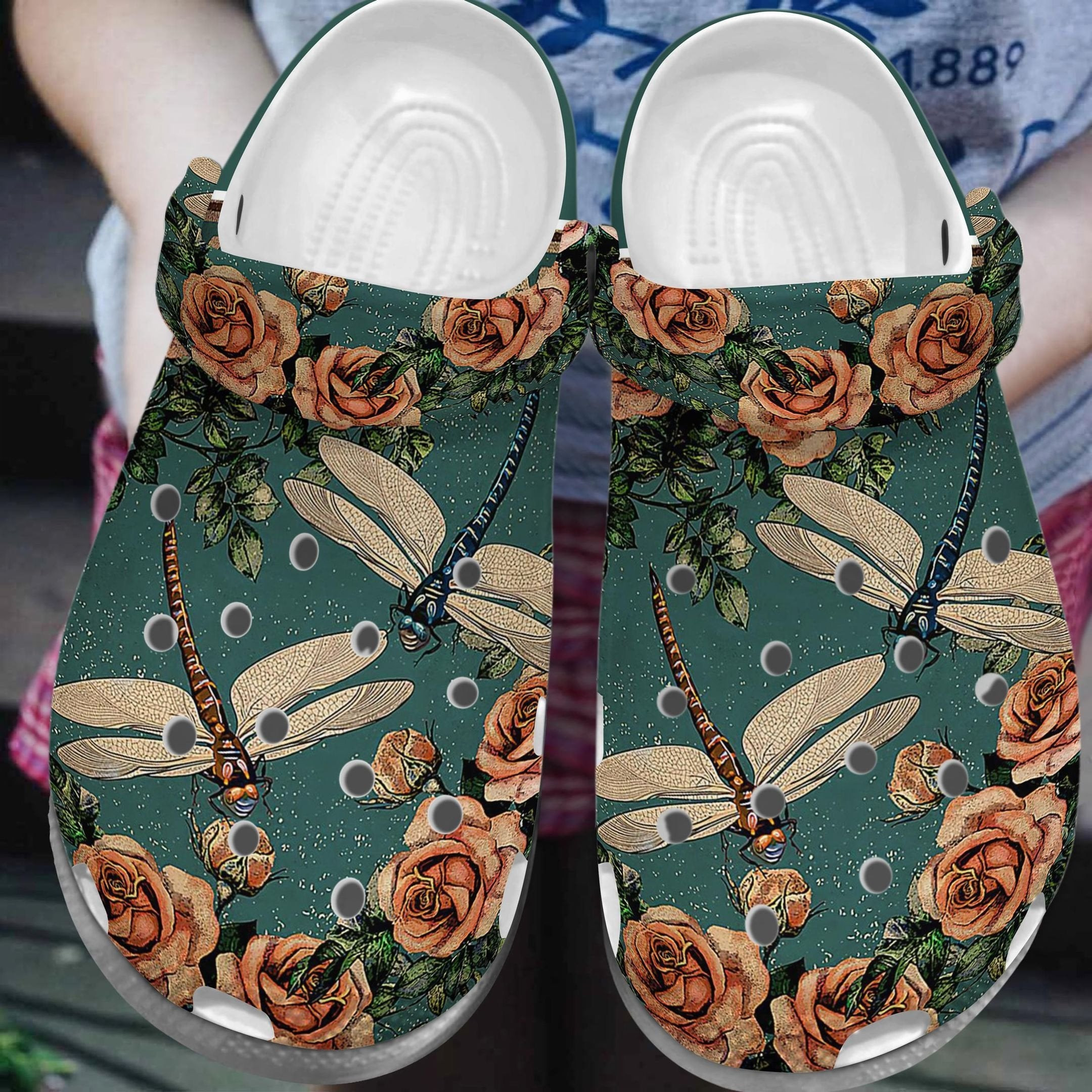 Vintage Dragonfly Roses Crocs Shoes For Women - Dragonfly Flower Croc Clogs Shoes Gift Birthday Girl