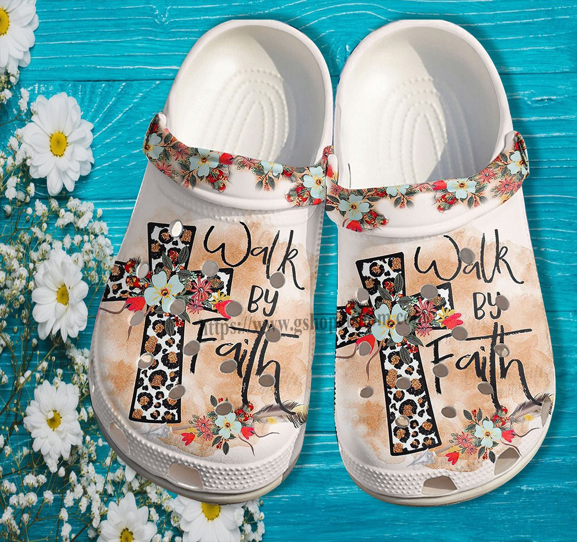 Walk By Faith God Cross Leopard Croc Shoes For Women- Cross Flower Shoes Croc Clogs Birthday Gift