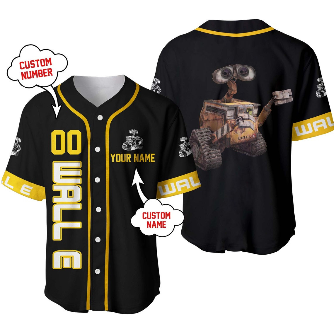 Wall-E Robot Pixar Black Yellow Disney Unisex Cartoon Custom Baseball Jersey Personalized Shirt Men Women