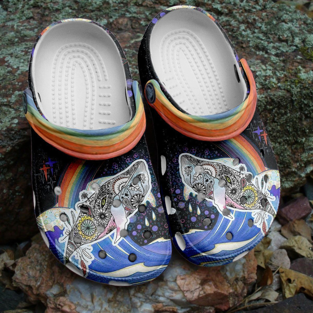 Whale Flower Art Rainbow Gift For Lover Rubber Crocs Clog Shoes Comfy Footwear