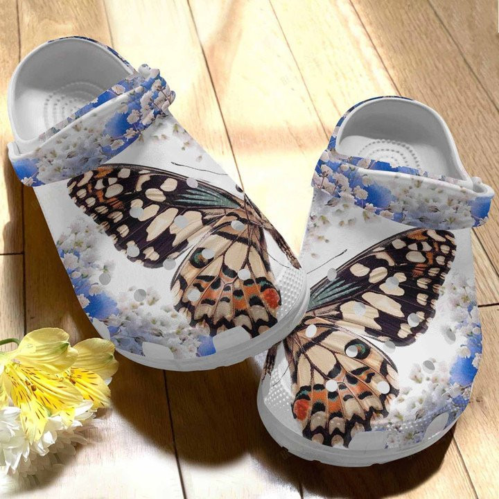 White Flower and Butterfly Clogs Crocs Shoes