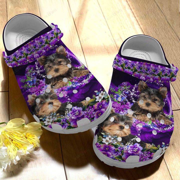 White Sole Yorkshire Gorgeous Purple Flowers Crocs Classic Clogs Shoes