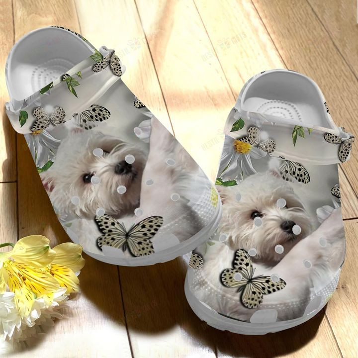 White Terrier Butterflies White Sole Crocs Classic Clogs Shoes