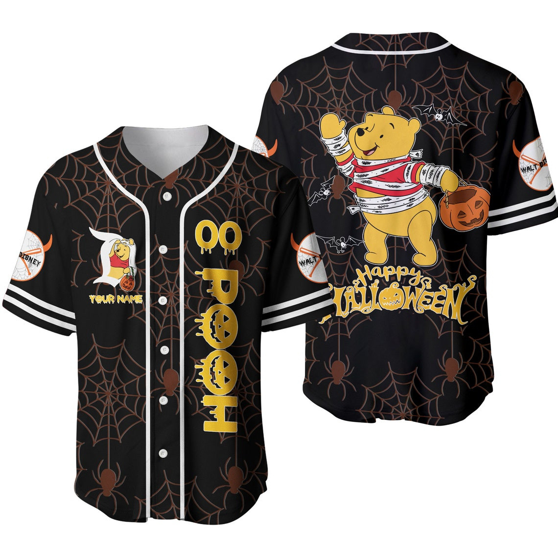 Winnie Pooh Black Yellow Happy Halloween Disney Unisex Cartoon Custom Baseball Jersey Personalized Shirt Men Women