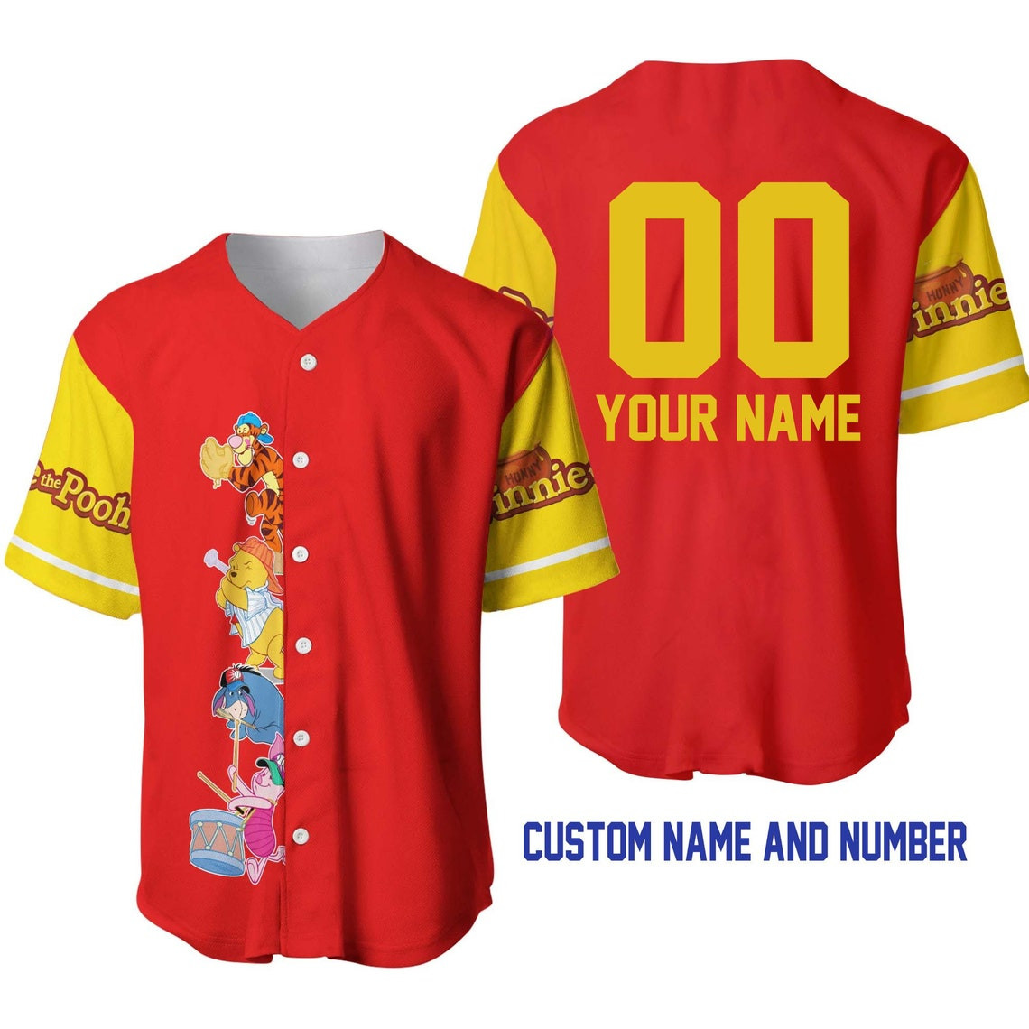 Winnie Pooh Bright Red Yellow Disney Unisex Cartoon Custom Baseball Jersey Personalized Shirt Men Women