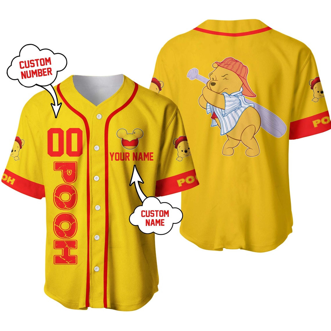 Winnie Pooh Gold Yellow Red Disney Unisex Cartoon Custom Baseball Jersey Personalized Shirt Men Women