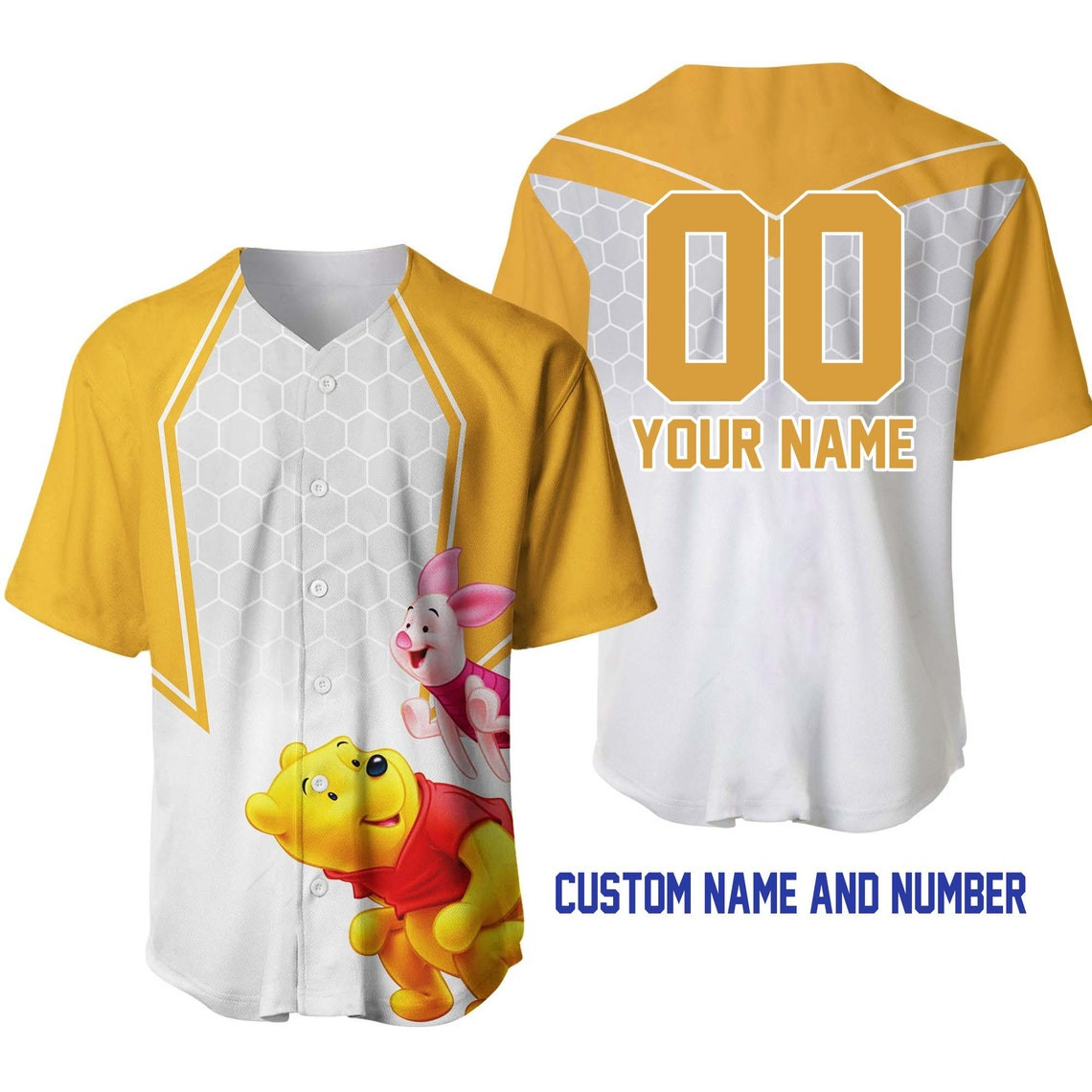 Winnie Pooh Piglet Honey Golden Yellow Disney Unisex Cartoon Custom Baseball Jersey Personalized Shirt Men Women