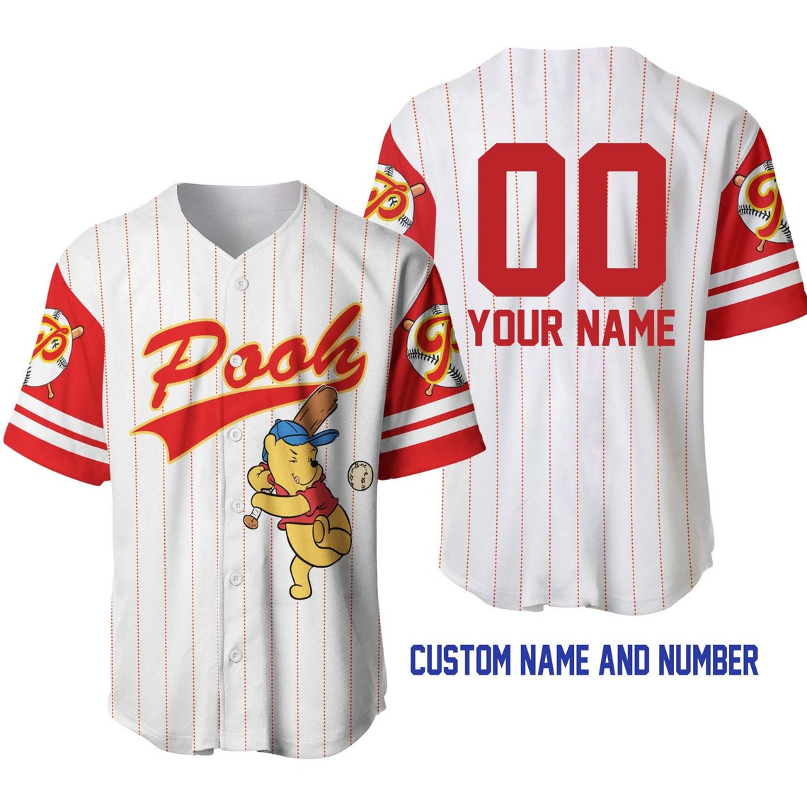 Winnie Pooh White Red Disney Unisex Cartoon Custom Baseball Jersey Personalized Shirt Men Women