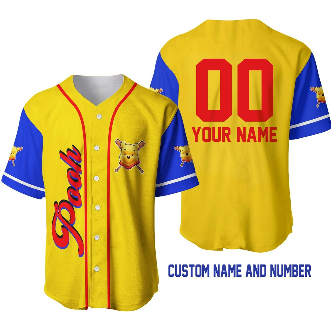 Winnie Pooh Yellow Red Blue Disney Unisex Cartoon Custom Baseball Jersey Personalized Shirt Men Women