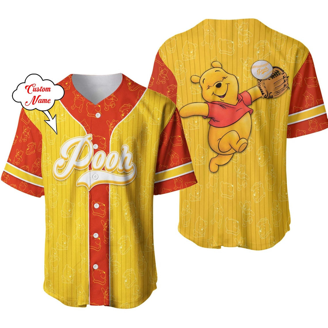 Winnie The Pooh Red Yellow Patterns Disney Unisex Cartoon Custom Baseball Jersey Personalized Shirt Men Women
