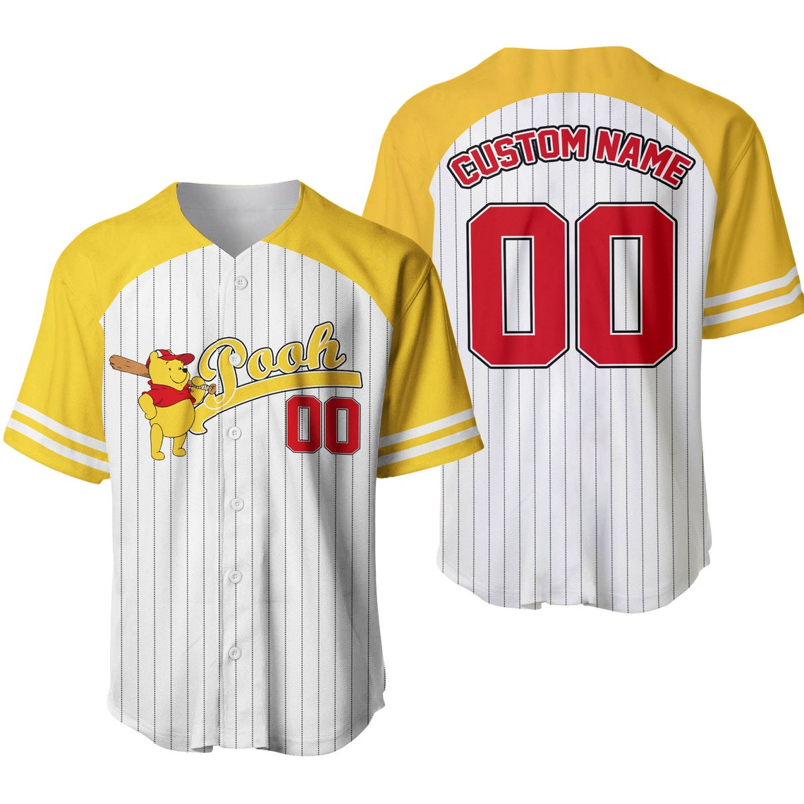 Winnie The Pooh Striped Yellow Red Unisex Cartoon Custom Baseball Jersey Personalized Shirt Men Women