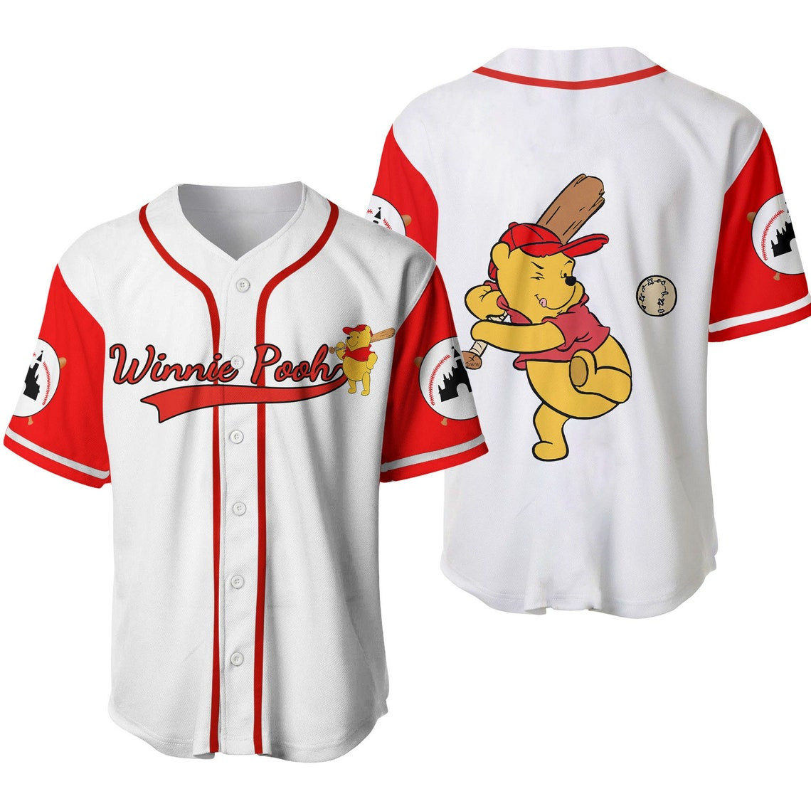 Winnie The Pooh White Red Disney Unisex Cartoon Custom Baseball Jersey Personalized Shirt Men Women