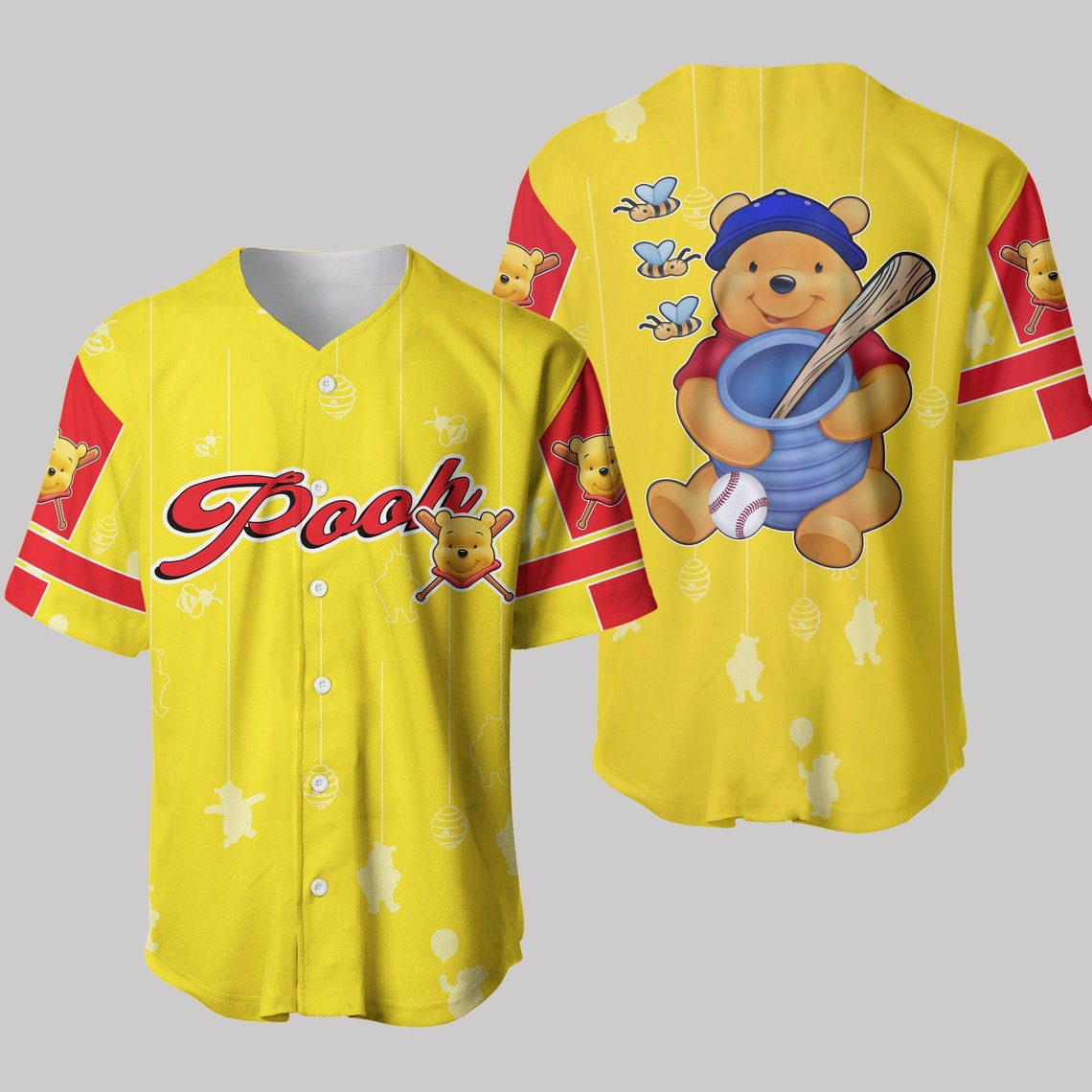 Winnie The Pooh Yellow Red Patterns Disney Unisex Cartoon Custom Baseball Jersey Personalized Shirt Men Women
